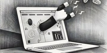 A hand reaching out of a computer screen with a magnet, visual metaphor for building high RO marketing campaigns