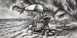 A pineapple with a human face chilling on the beach with no work stress