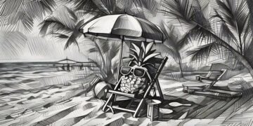 A pineapple with a human face chilling on the beach with no work stress