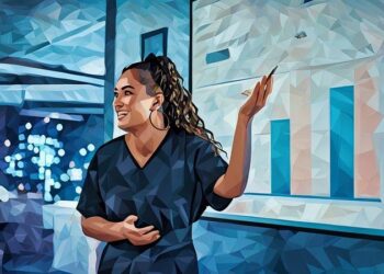 Team member standing up giving hybrid multimedia presentation to external and internal employees