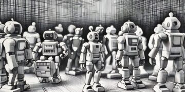 A series of robots walking about interacting with each other, a humorous attempt at showing how cyber security might just not be a digital risk