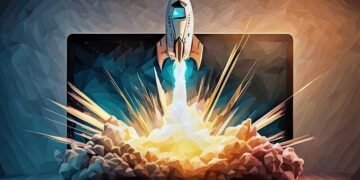 A rocket ship taking off from a laptop
