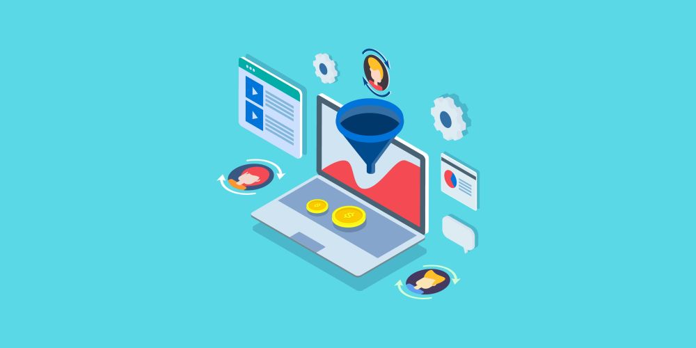 Computer with a funnel leading into it demonstrating processes of getting leads from SEO