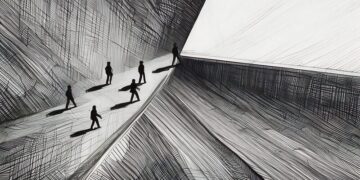 A series of business people, one holding a flashlight and leading the teams way in the dark