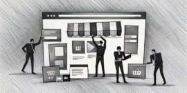 A series of cartoon figures putting together an eCommerce shop using metaphorical icons for different elements ie shopping cart