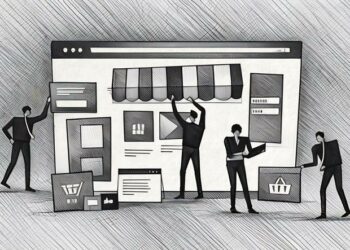 A series of cartoon figures putting together an eCommerce shop using metaphorical icons for different elements ie shopping cart