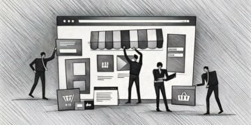 A series of cartoon figures putting together an eCommerce shop using metaphorical icons for different elements ie shopping cart