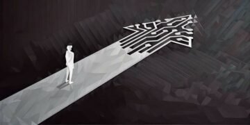 An arrow with a man running to the edge