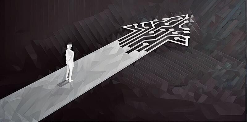 An arrow with a man running to the edge