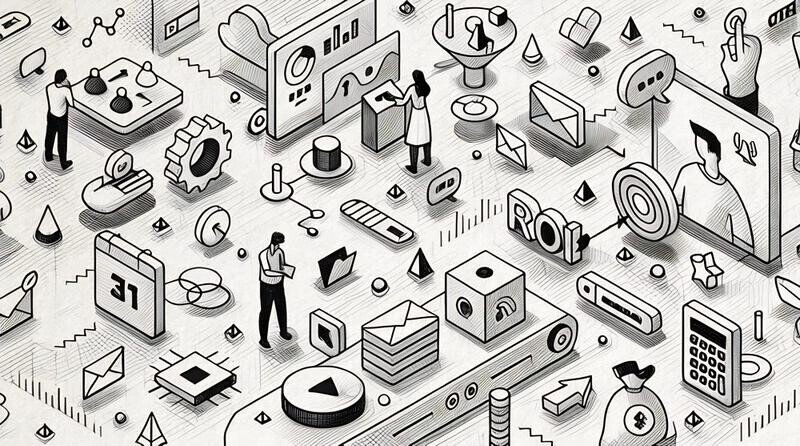 A series of video tools shown as symbols with minature figures using them
