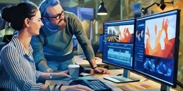 A colleague leaning over a desk to advice an employee whilst editing a new client video