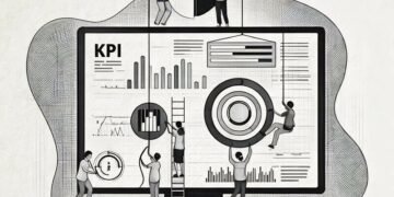 A series of KPI trackers and objectives being organised by a team of miniature business people