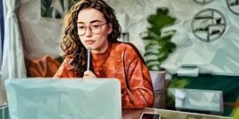 A remote working at a laptop holding a pen to her chin, thinking about work