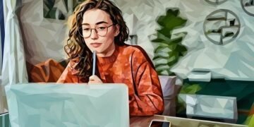 A remote working at a laptop holding a pen to her chin, thinking about work