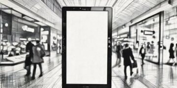 A digital advertising display in a shopping mall, blank with no ads, showing anything could be displayed and get visibility