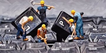A series of construction workers taking apart a keyboard