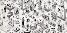 A series of symbols for digital tools (like email) with miniature workers running around utilizing them