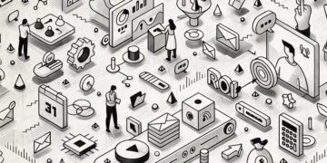 A series of symbols for digital tools (like email) with miniature workers running around utilizing them