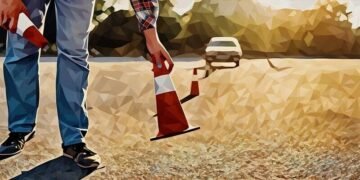 A worker moving a cone for a driver, as the driver in a car is about to take an advanced driving test