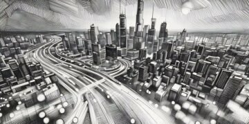 A busy city with traffic flowing through from a highway