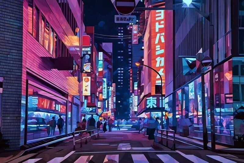 An anime style landscape of a japanese city in the centre