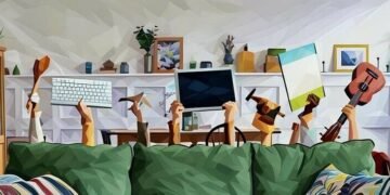 A team of men sitting on a couch raising different objects showing businesses they're going to start