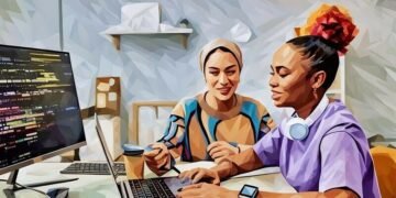 A UX and coding team working on a laptop to finish their work