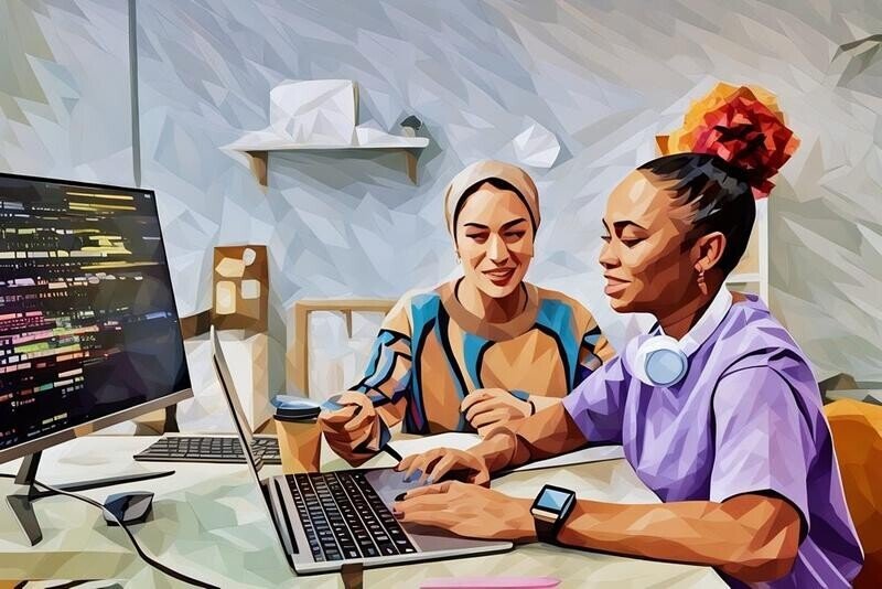 A UX and coding team working on a laptop to finish their work
