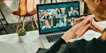 A remote manager having a virtual meeting with his team, other team members on computer screen