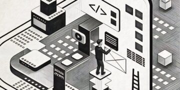 A series of minature workers running across different kind of programs and software, like a group of small workers doing tasks in a computer