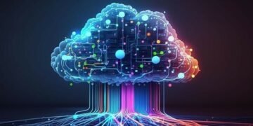 A digital cloud centre being fed data from different businesses that used it for hosting