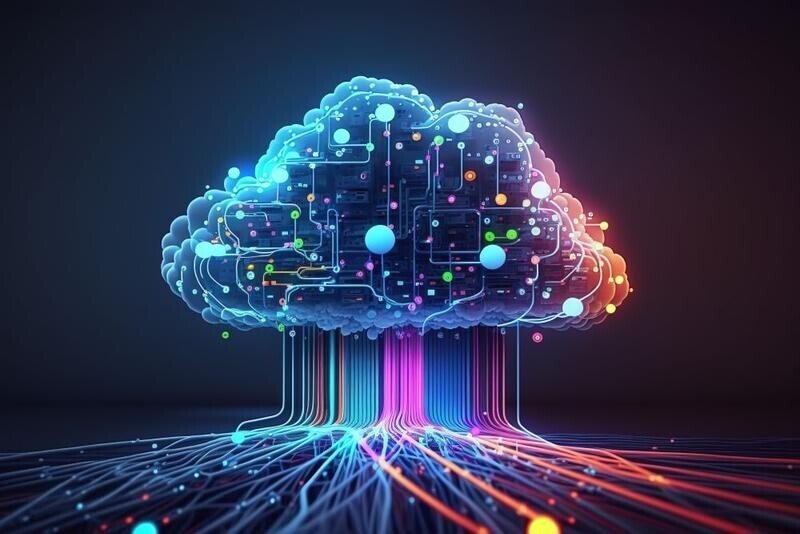 A digital cloud centre being fed data from different businesses that used it for hosting