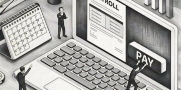 Tony businessman using a computer to calculate and make payroll payments to employees and the HMRC