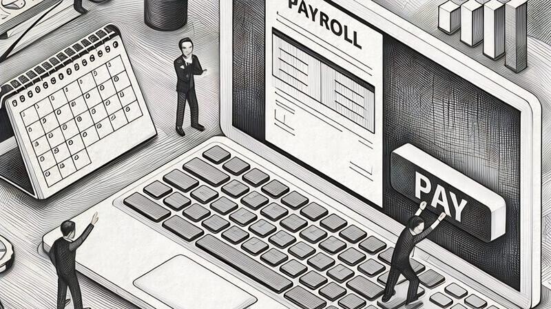 Tony businessman using a computer to calculate and make payroll payments to employees and the HMRC