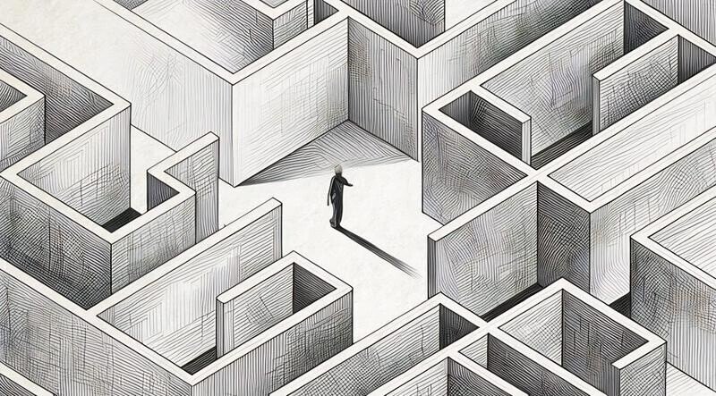 A person stuck in the center of a maze unsure where to go, as an example of how difficult it can be to pick the right option