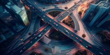 A super highway cross roads and roundabout with traffic flowing over