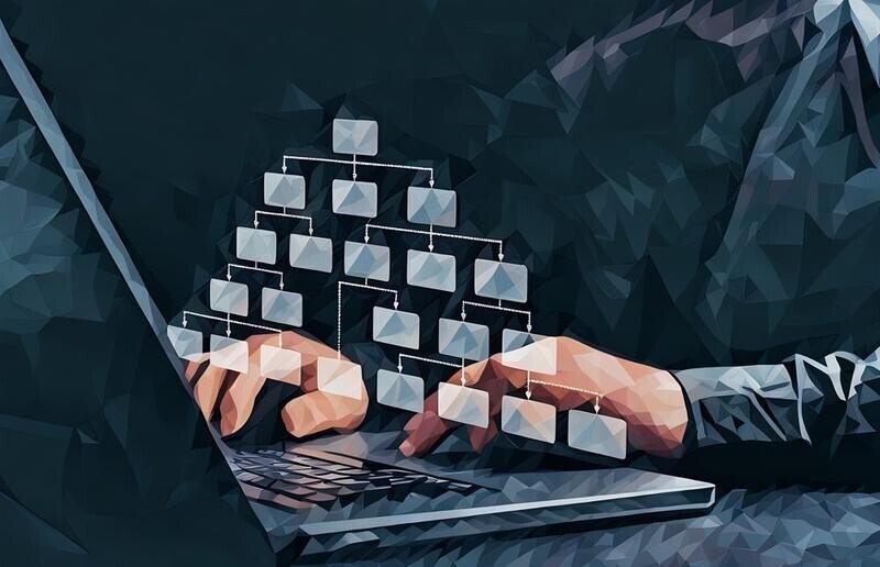 An organisational chart popping up over a person at a computer working on HR tasks