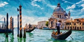 A series of gondolas taking tourists around the waterways of Venice