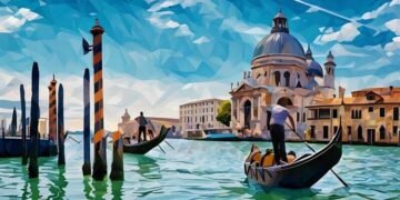 A series of gondolas taking tourists around the waterways of Venice