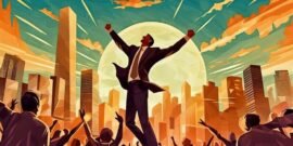 A man jumping from a crowd with the sun shining behind him and a city, showing business success