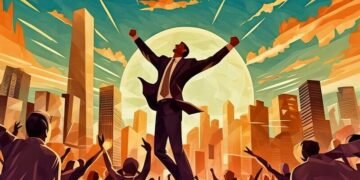 A man jumping from a crowd with the sun shining behind him and a city, showing business success