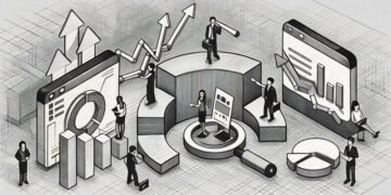 A pie chart straddled by miniature workers, trying to calculate different analytics