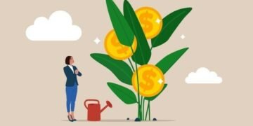 A person watering a tree that grows money
