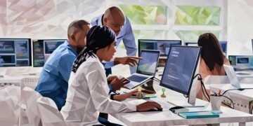 A team of cyber security admins working together across computers to improve their CySec skills