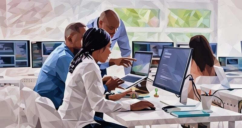 A team of cyber security admins working together across computers to improve their CySec skills