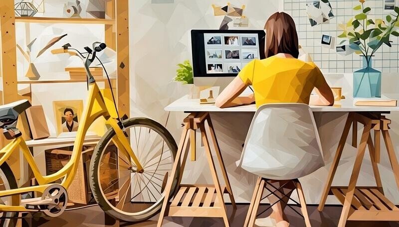 A freelancer working next to her bike in a tiny apartment but with great home office setup