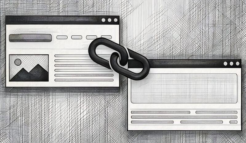 Two browsers with a link symbol between them, visually showing the basic concept of link building