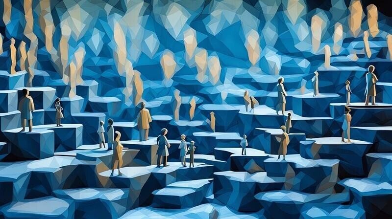 A series of people standing in an amphitheater made of stones
