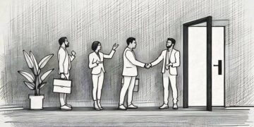 A series of contracts and new employees being welcomed into their new role by the managing director standing at the office door