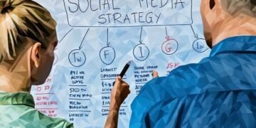 Two colleagues planning a social media strategy on a whiteboard
